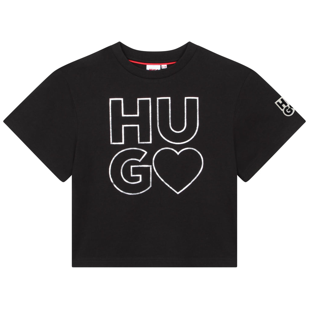 HUGO Girls Black Cotton Logo T-Shirt